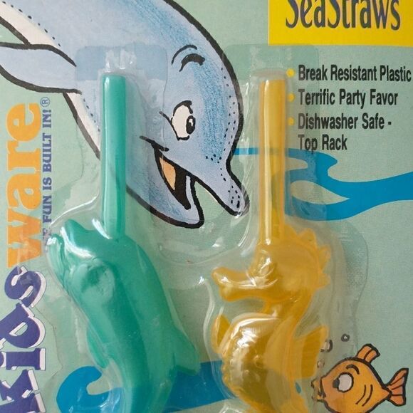 NOS Kidsware Seastraws Dolphin Seahorse Vintage 1992 Reusable Yellow Green - Picture 3 of 11